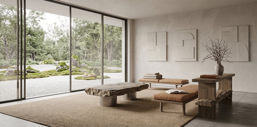 Mesa de centro em pedra bruta em sala minimalista